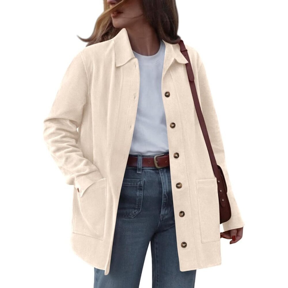 Women's Faux Leather Long Sleeve Beige Button Down Jackets Coats Outerwear